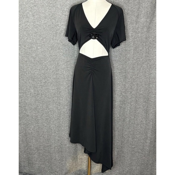 WeWoreWhat Cutout Asymmetrical Black Stretch Flower Midi Dress Womens Size M - Picture 1 of 15